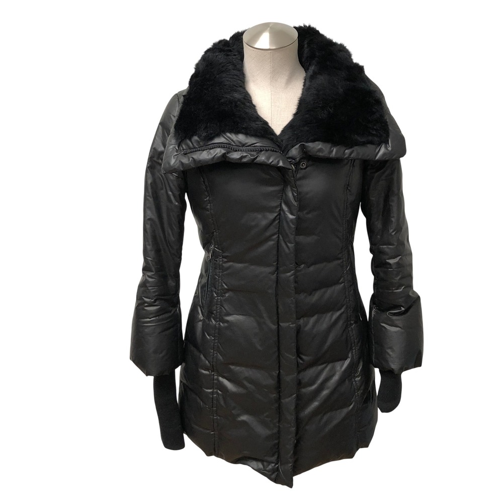 Mackage Puffer Jacket Womens Small Black Down Rabbit Fur Trim Leather Accents